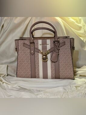 Michael Kors Dusty Pink MK Logo Stripe Satchel with Gold Accents